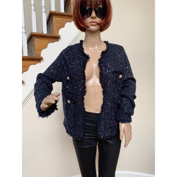 Zara shimmery knit frayed jacket in navy, S - Picture 5 of 13